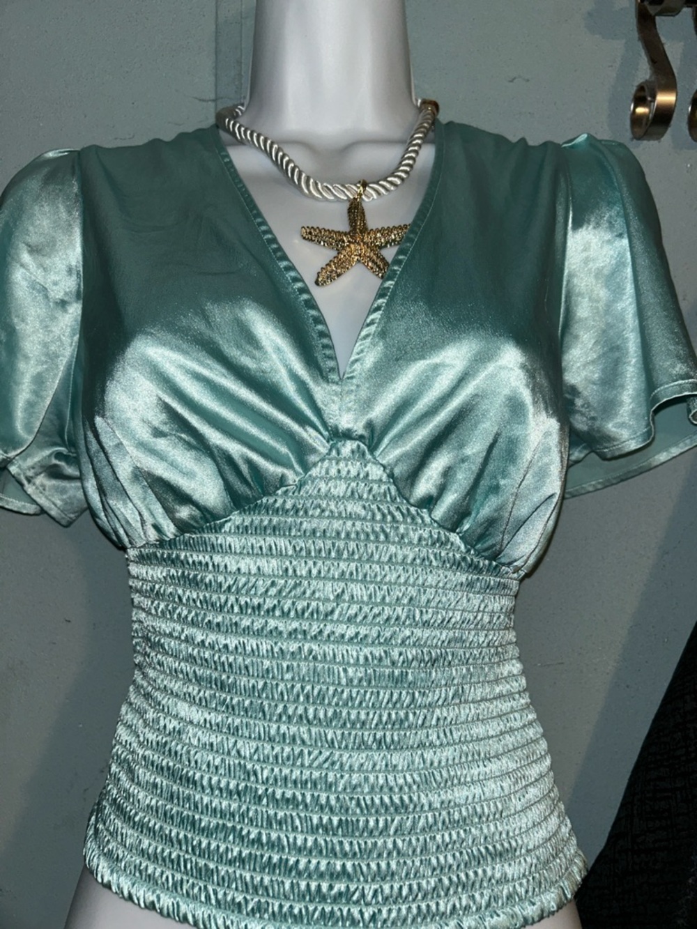 Guess Satin Smocked Teal Green V-Neck Blouse